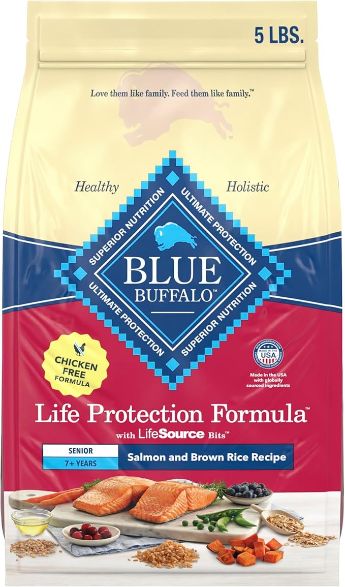 Blue Buffalo Life Protection Formula with LifeSource Bits, Senior 7+ Dry Dog Food, Salmon and Brown Rice Recipe, Chicken Free Formula, 5 lb. Bag