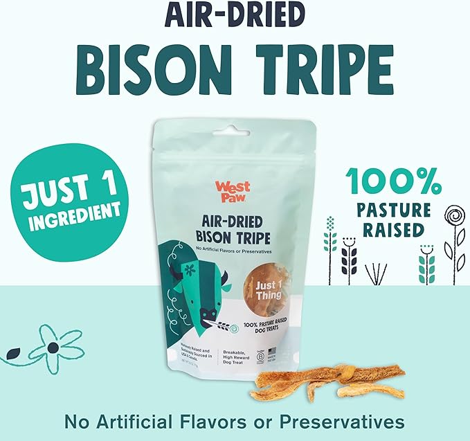 West Paw Air-Dried Single Ingredient Bison Tripe Dog Treats – 100% Pasture-Raised, High-Protein, All-Natural Chews – Made in USA – Nutrient-Rich, Easily Breakable, Grain-Free