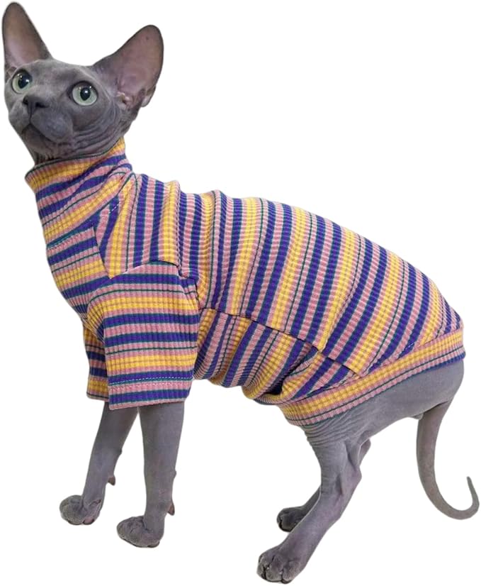 Turtle Neck Vintage Stripes Sphynx Hairless Cat Cotton T-Shirts Pet Clothes Vest Kitten Shirts Sleeveless, Cats & Small Dogs Apparel (Rose Garden, XL (9-12.5 lbs))