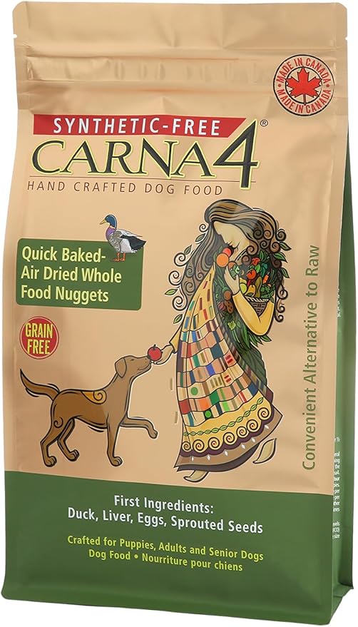 CARNA4 Air Dried Dog Food, Duck Recipe, Quick Baked Whole Food Nutrition with Sprouted Seeds, Natural Probiotics & Enzymes, No Synthetics, Grain-Free - 22 Pound