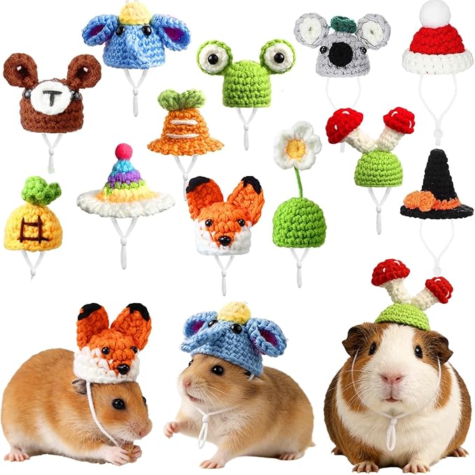 12 Pcs Hamster Hats Mini Party Hats for Small Animals, Cute Hand Knitted Tiny Hats for Snakes Lizards Bearded Dragon Guinea Pig Bunny Reptile Pets Clothes Holiday Party Costume Accessories(Fresh)
