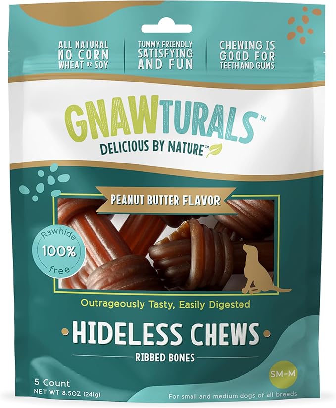 Rawhide Free Dog Chews | Ribbed Bones | for Medium - Large Dogs | Pumpkin, Psyllium Husk and Chicory Root for Easy Digestion and Overall Gut Health (5 Bones, Peanut Butter)