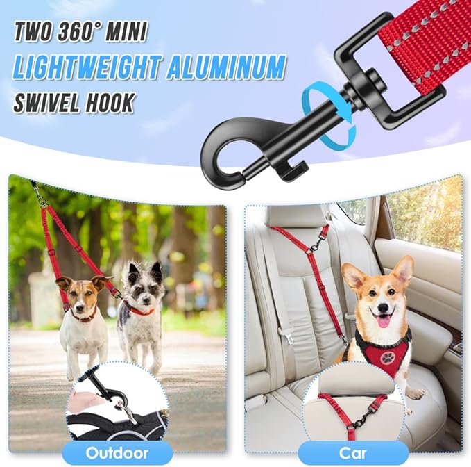 AUTOWT Double Dog Leash, No Tangle 360° Swivel Rotation Reflective Lead Attachment Adjustable Length Dual Two Dog Lead Splitter, Comfortable Shock Absorbing Walking Training for 2 Dogs Red
