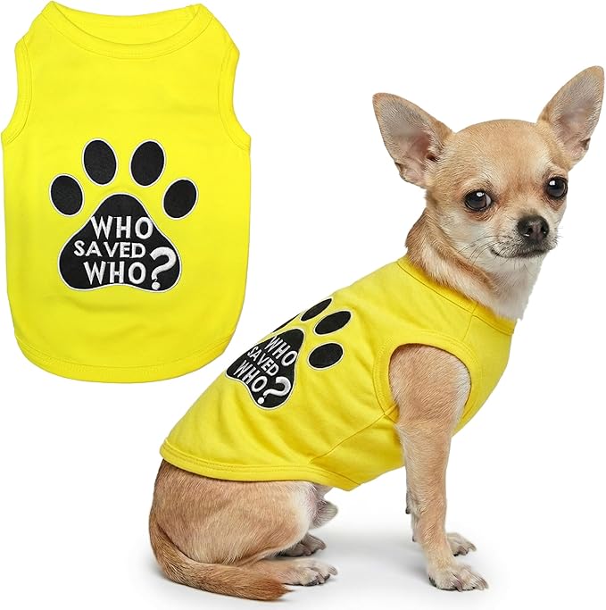 Parisian Pet Dog Shirt – 100% Cotton Shirts for Small Dogs - Sleeveless Yellow Puppy Vest with Paw Print – Breathable Pet Apparel – Pullover Summer Dog Clothes - Stretchy Funny T Shirts for Dogs