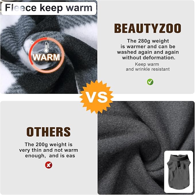 BEAUTYZOO Small Dog Sweater Fleece Vest Winter Jacket, D-Ring Leash Attachment for XS S Puppy Medium Sized Breeds Dogs, Cold Weather Dog Clothes Windproof Keep Warm, Classic White Plaid L