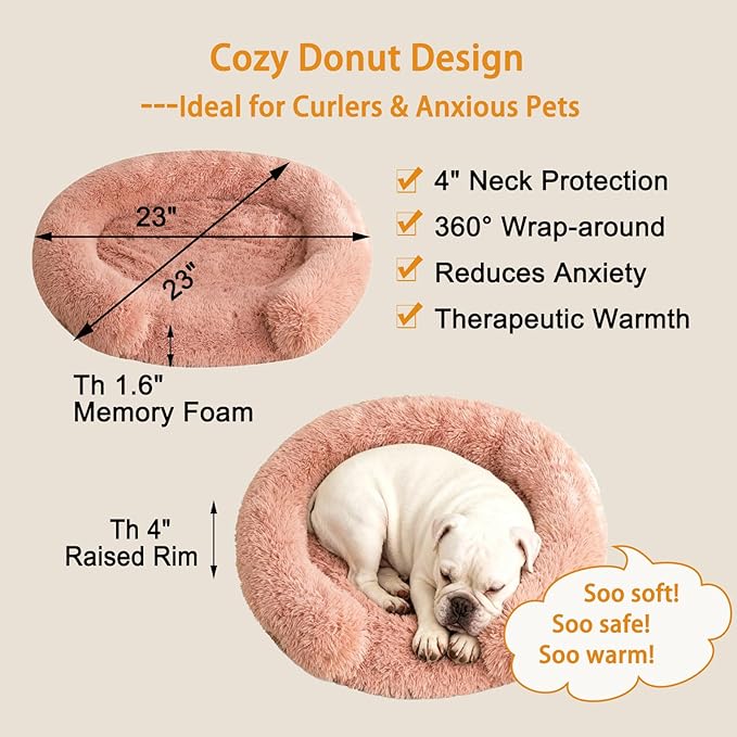 Calming Dog Bed for Small Medium Dogs, Anti-Anxiety Donut Washable Puppy Bed Orthopedic Cushion, Soft Fluffy Faux Fur Plush Warming Cozy Cat Bed, Fits up to 25 lbs Pets (Round, Blush 23")