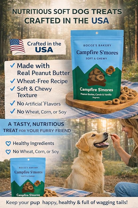 Bocce's Bakery Soft & Chewy Campfire S’Mores Dog Treats, 2 lbs | Wheat-Free, All Natural Ingredients | Made with Peanut Butter & Vanilla| Healthy, USA-Baked Snacks for Dogs
