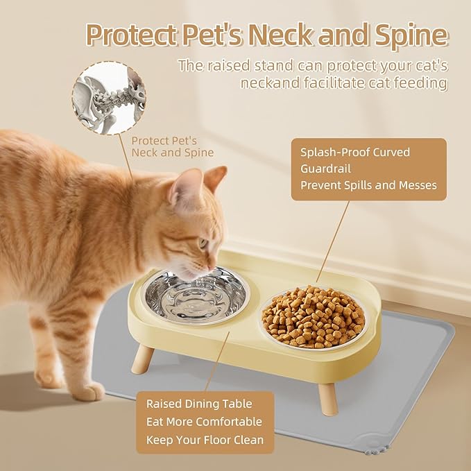 Elevated Cat Bowl with Food Mat, Raised Cat Food and Water Bowl Set for Indoor Cats, Splash Proof with 2 Stainless Steel Pet Food Bowls for Cat and Puppies,Whisker Fatigue and Dishwasher Safe (Yellow)