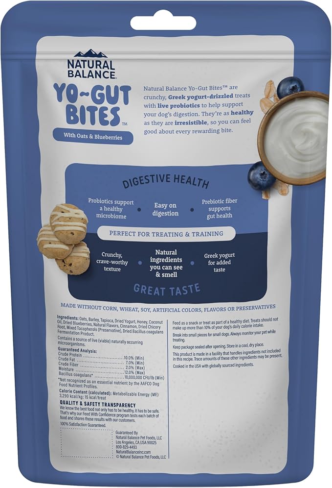 Natural Balance Yo-Gut Bites Crunchy Dog Treats with Real Oats & Blueberries, Greek Yogurt Drizzle, Probiotics for Digestive Support, 10oz Bag