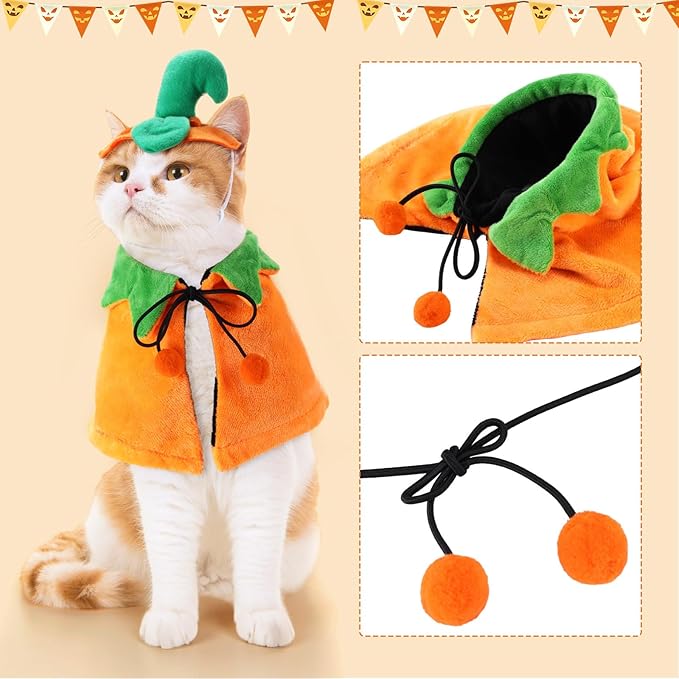 Huhumy 2 Sets Pet Pumpkin Costume Cat Halloween Cloak Hat Set for Dog Cat Halloween Costumes Pumpkin Hat for Dogs Puppy Poncho Small Medium Pets Cosplay