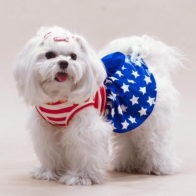 PUPTECK Print Dog Dress Pet Apparel for 4th of July with Cute Bowtie Puppy Clothes Outfit, Flag, M