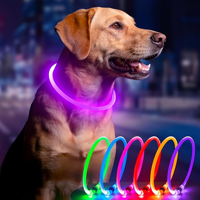 BSEEN Light Up Dog Collar, Rechargeable LED Dog Collar Light Glowing Puppy Collar for Night Walking, TPU Cuttable Lighted Pet Collar for Small Medium Large Dogs (Purple (70cm))