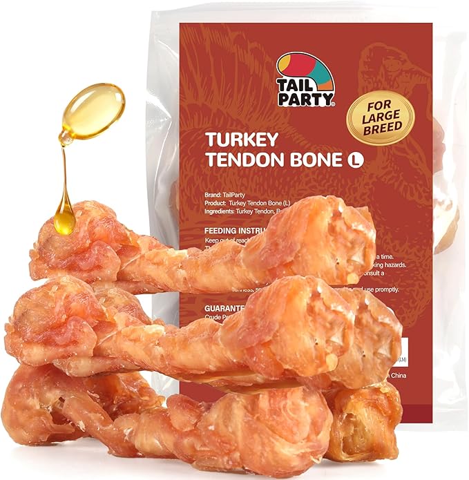 TailParty Turkey Tendons for Dogs with Fish Oil & Taurine: All Natural Dental Chews & Training Treats for Large Dogs, Long Lasting Snack for Health-Conscious Pet Owners(Bone, 8 oz)