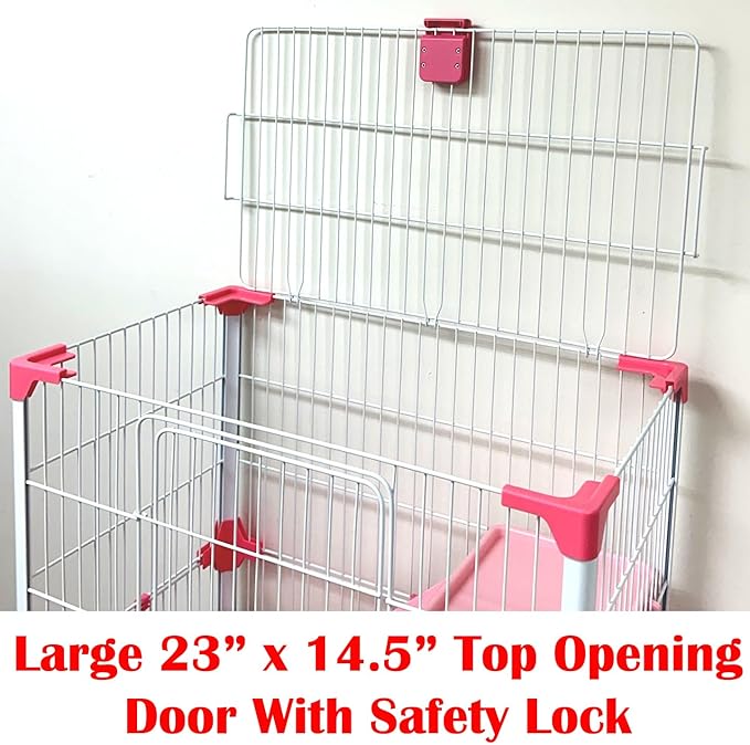 Pink Large Deluxe Indoor Outdoor Guinea Pig Chinchilla Ferret Squirrel Hedgehog Kitten Rabbit Bunny Hutch House Critter Habitat Easy Pull Out Clean 2-Inch Deep Tray with Rolling Casters