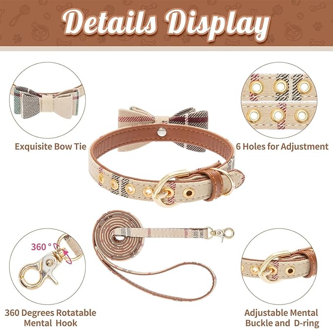 BINGPET Puppy Collar and Leash Set for Medium Dogs, Plaid Bowtie Dog Collars Bandana for Boy Girl Dogs, Cute Adjustable Collar and Leash Set with Bow for Dog Cat Outdoor Walking, Beige M (No Bell)