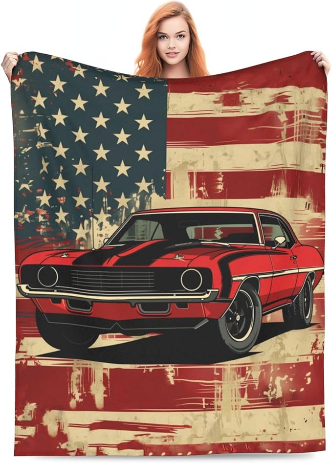 Muscle Car Blanket Gifts for Women Men Adults Car Lovers, American Flag Plush Fleece Throw Blankets, Cozy Soft Warm Bedding Decor for Sofa Living Room Travel 60"x80"