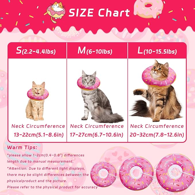 Seyezo Cat Cone Collar Soft, Adjustable Cat Recovery Collars Kitten Cones to Stop Licking, Cute Donut Neck Collar After Surgery, Elizabethan Kittens Protective Cones After Spay (Donut Pink, Medium)