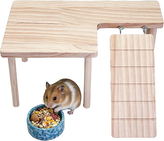 Wooden Hamster Platform with Ladder Rat Climbing Activity Playground Platform Cage Accessories Decor for Dwarf Syrian Hamster Gerbil Rat Mice (Right)