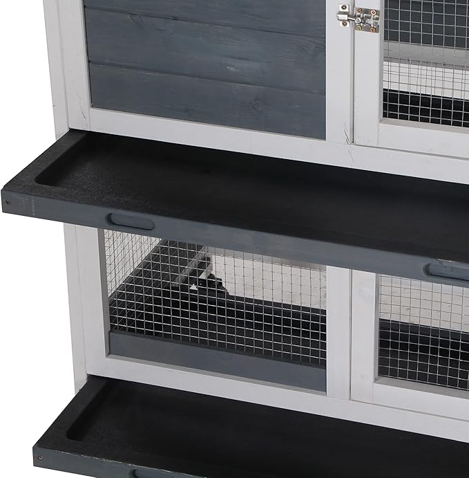 PawHut Wooden Rabbit Hutch Bunny Hutch Elevated Pet House Cage Small Animal Habitat with No Leak Tray Lockable Door Openable Top for Indoor 57.75" x 18" x 32.5" Grey