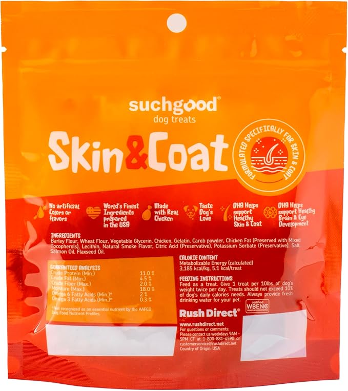 SuchGood Skin and Coat Dog Treats - 70 Count Advanced Omega Skin and Coat Support Chews for All Breed Sizes, Premium Salmon and Flaxseed Oil for Dogs - (Chicken Flavor, 2 Pack)