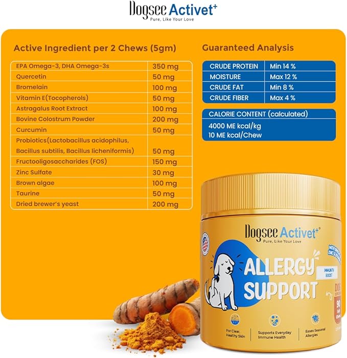 Dogsee Activet+ Dog Allergy Support Supplement Chews, with Omega 3, Quercetin, Probiotics & Botanicals, Immune Response & Itchy Skin Support, Chicken Flavor – 90 Chews
