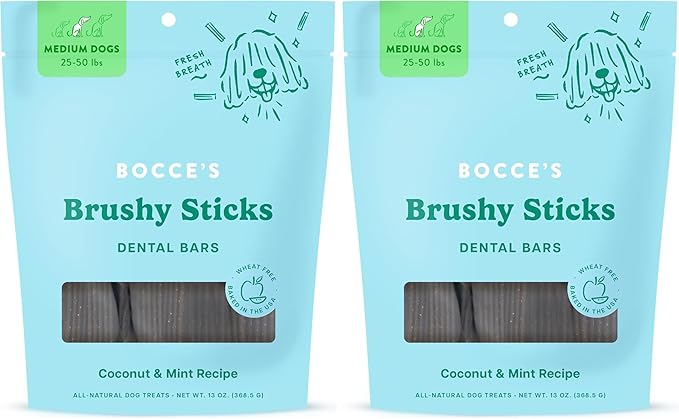 Bocce's Bakery Dailies Brushy Sticks to Support Oral Health&Fresh Breath,Wheat-Free Dental Bars for Dogs,Made with Real Ingredients,Baked in The USA,All-Natural Coconut&Mint,Medium Dogs,(Pack of 2)