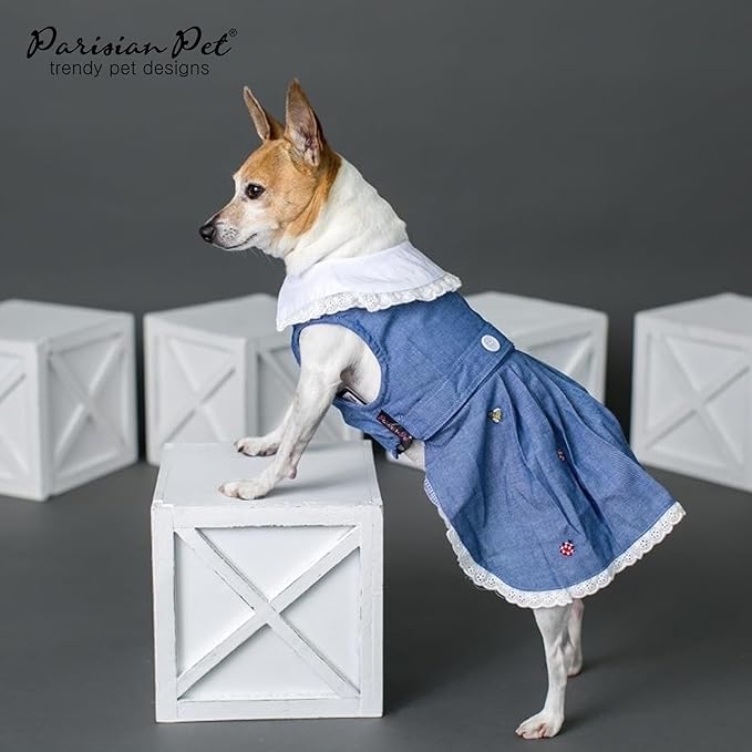 Parisian Pet Dog Overall Dress - Spring Summer Clothes for Large Dogs Girl - Floral Denim Pet Dress - Stylish Dog Outfit - Lightweight and Breathable Puppy Clothes - Sleeveless Dresses for Dogs