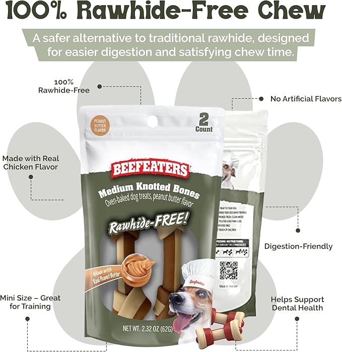 Beefeaters Medium Knotted Dog Bones Chicken Flavor 2ct (12 Pack) – Rawhide-Free Dog Chew Bones, No Artificial Flavors, Digestion-Friendly, Dental Support, Great for Puppies & Small Dogs