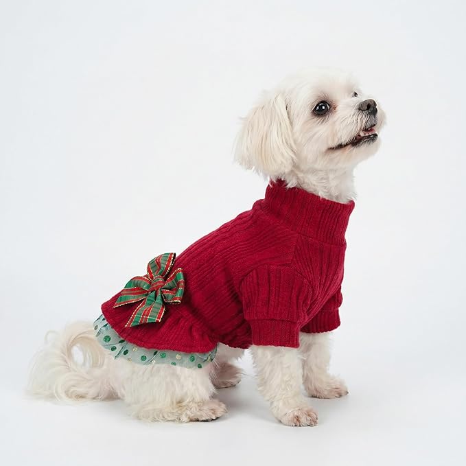 Fitwarm Knitted Dog Tulle Sweater Dress, Winter Clothes for Small Dogs, Female Pet Apparel, Red & Green, Medium
