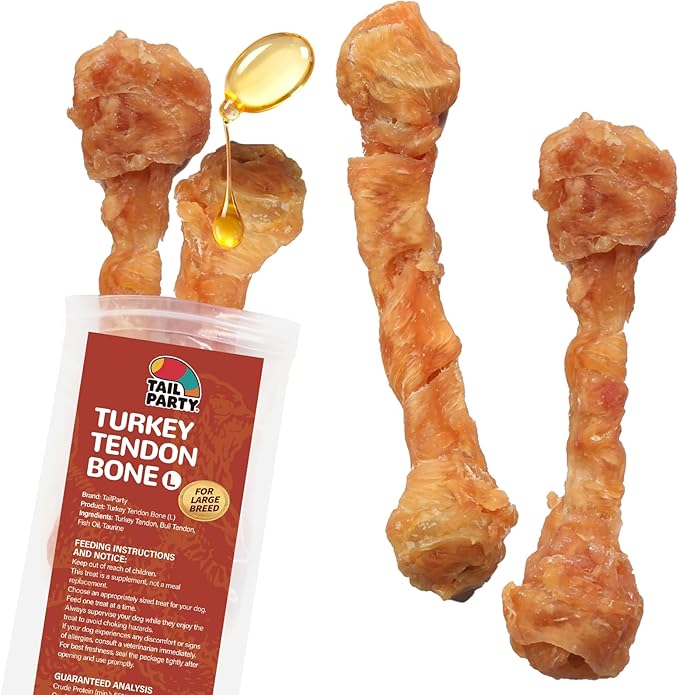 TailParty Turkey Tendons for Dogs with Fish Oil & Taurine: All Natural Dental Chews & Training Treats for Large Dogs, Long Lasting Snack for Health-Conscious Pet Owners(Bone, 4 oz)