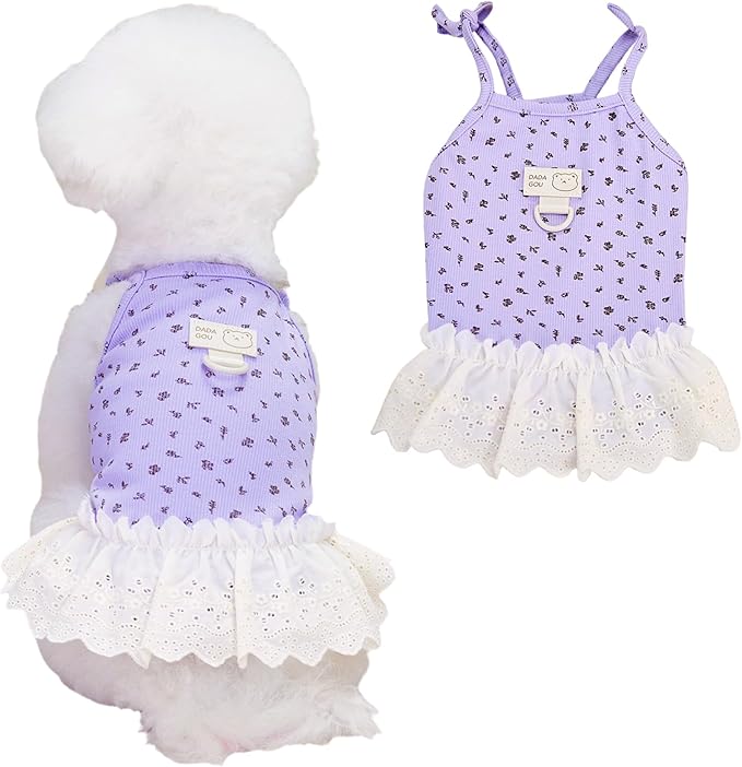 Dog Summer Clothes for Small Medium Dogs Cat Daisy Flower Cute Pet Dress with D-Ring Sleeveless Puppy Outfits Doggy Shirt for Shih Tzu Yorkie Chihuahua Colthe (Purple, X-Large(9.3-13.2lb))
