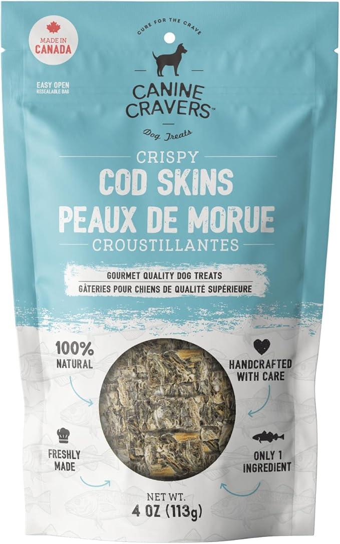 Canine Cravers Single Ingredient Dog Treats – Wild Caught Crispy Cod Skins - Human Grade Air Dried Hypoallergenic Pet Food – Grain, Gluten, and Soy Free – 100% All Natural – 4 oz