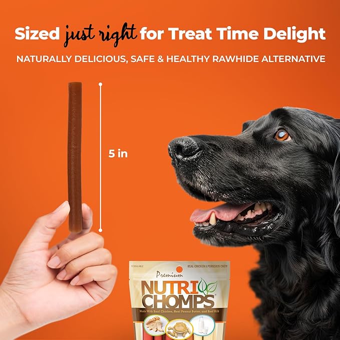 Nutri Chomps Dog Chews, 5-inch Twists, Easy to Digest, Rawhide-Free Dog Treats, 15 Count, Real Chicken, Peanut Butter and Milk flavors