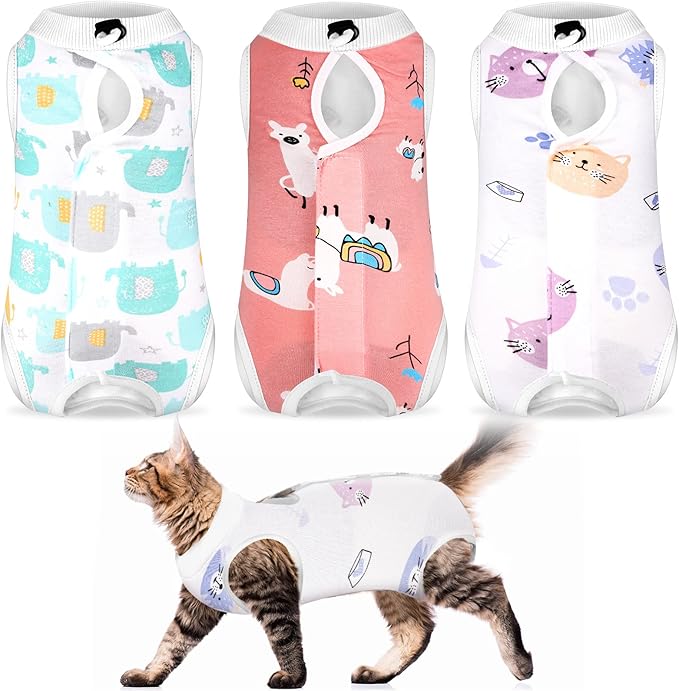 Nuanchu 3 Pieces Cat Recovery Suit Kitten Recovery Suit E-Collar Alternative for Cats and Dogs Abdominal Skin Anti Licking Pajama Clothes Sets(Large,Cute Style,Colorful)