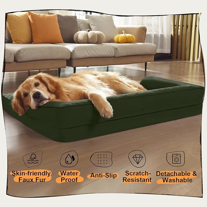 Dog Bed Large Sized Dogs - Orthopedic Waterproof Bed for Dogs, Large Dog Beds with Washable Removable Cover & Non-Slip Bottom - Outpost Olive