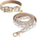 Dog Leather Collar and 4 ft Leash, KUDES Adjustable Basic Collar with Bell Leather Pet Leash Set, Checkered Pattern Durable Leather Collar and Leash with Metal Buckle for Small Medium Large Dogs