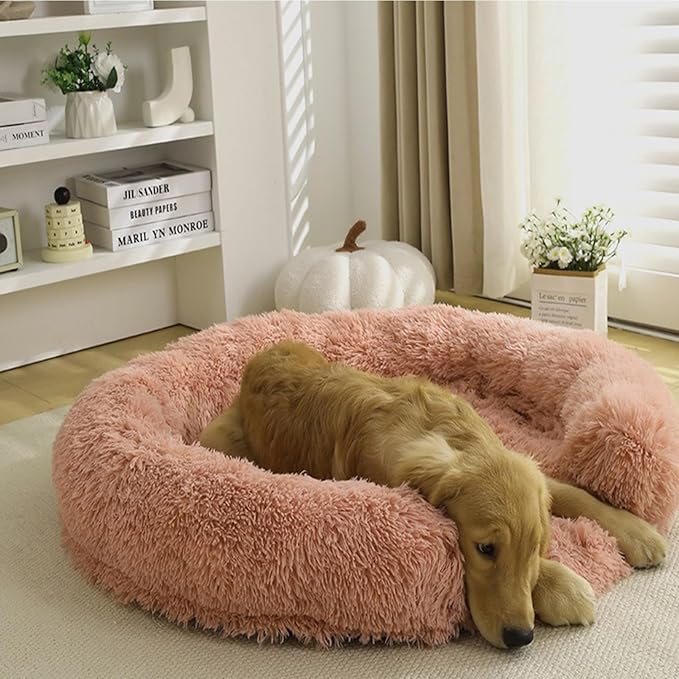 Calming Cute Dog Beds for Medium Dogs, Orthopedic Cushion Anti-Anxiety Donut Cuddler Bed, Soft Fluffy Faux Fur Plush Warming Cozy Removable Cover, Fits up to 35 lbs Pets (Round, Blush 28")