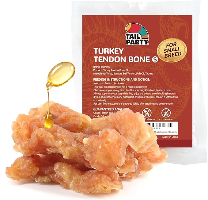 TailParty Turkey Tendons for Dogs with Fish Oil & Taurine: All Natural Dental Chews & Training Treats for Small Dogs, Long Lasting Snack for Health-Conscious Pet Owners(Bone, 4 oz)