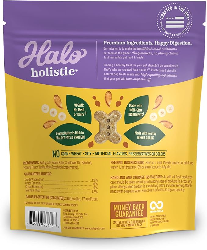 Halo Holistic Vegan Dog Treats, Plant-Based Dog Treat with Oats, Peanut Butter & Banana, Vegan Treat Pouch, 8 Oz bag