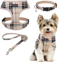 SCENEREAL No Pull Dog Harness Collar and Leash Set for Small Sized Dogs, Soft Mesh Plaid Puppy Harnesses, Pet Vest for Outdoor Walking Training and Running, Beige XS