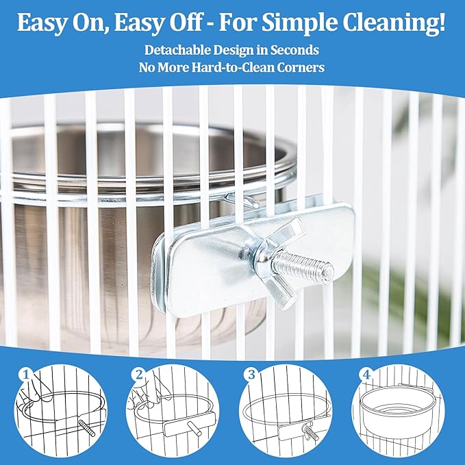 2 Pack Stainless Steel Bird Food Bowl Small Bird Feeding Dish Cups for Cage Parrot Food Bowl Cage with Clamp Holder for Parrots, Cockatiels, Small Animals (M+L)