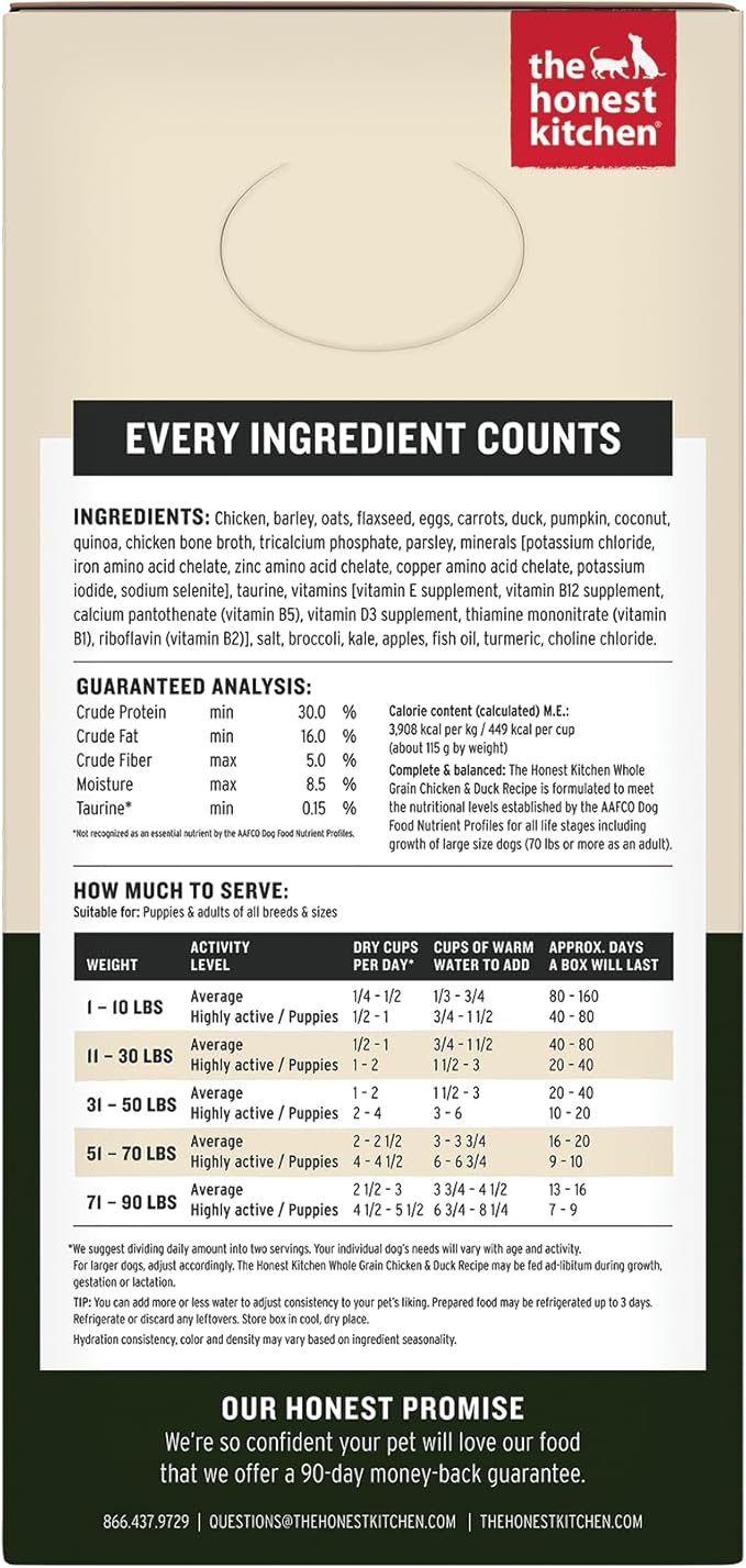 The Honest Kitchen Human Grade Wholemade™ Dehydrated Dog Food, Whole Grain Dog Food, Chicken & Duck, 10 lb (makes 40lbs)
