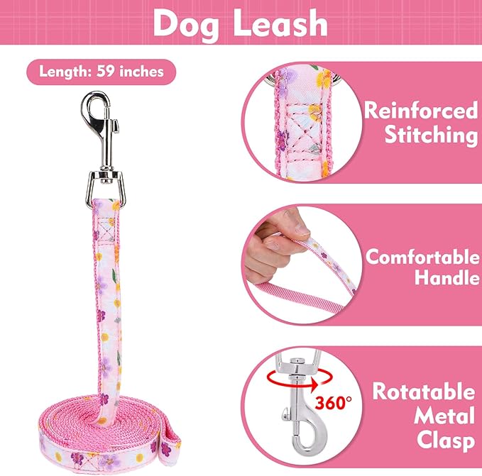 EXPAWLORER Cute Dog Harness Collar Leash Set - Pink Girl Dog Harness Checkered Step-in Design, Adjustable No-Choke Lightweight Mesh Vest for Cats Puppy Small Dogs, Flower S