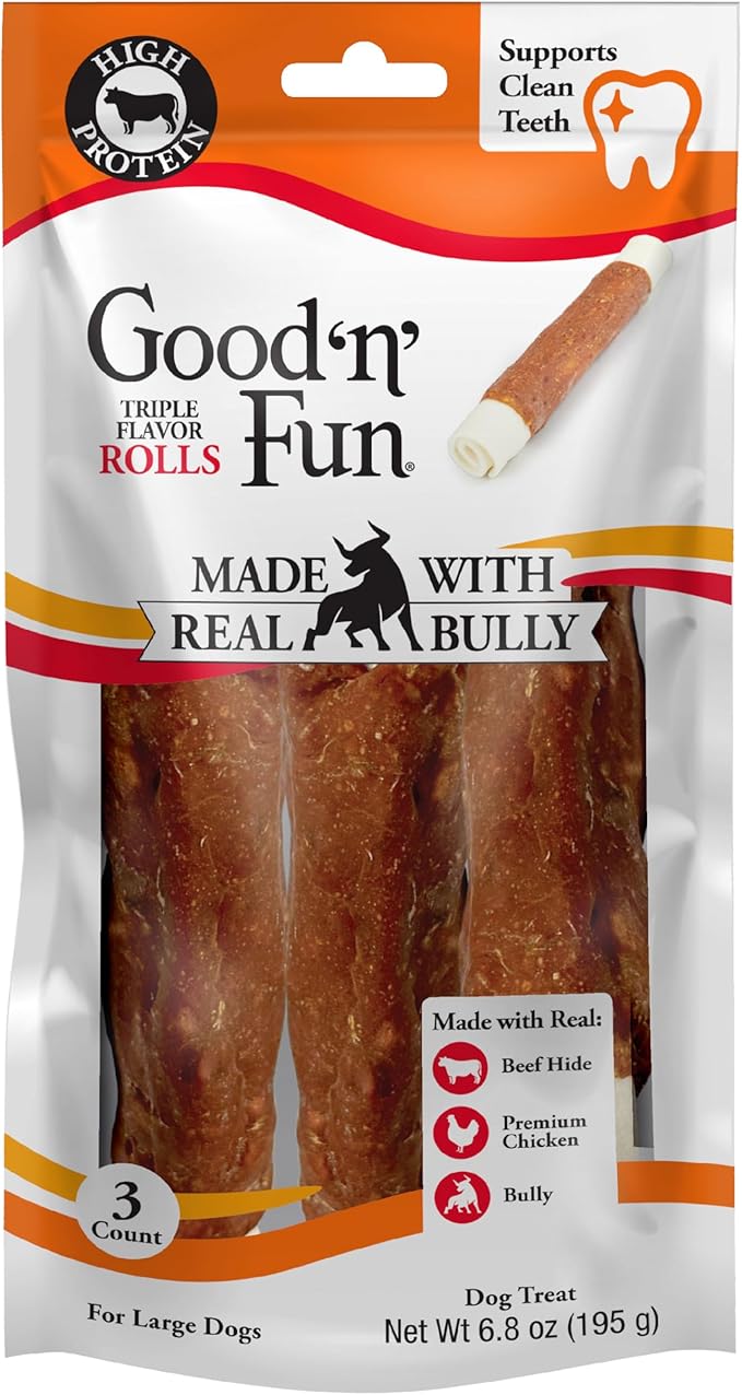 GOOD 'N' FUN Triple Flavor Rolls with Bully Chews, 3 Count, High-Protein Dog Treat for Large Adult Dogs, Made with Real Beef Hide, Chicken, Bully & Beef Liver Flavor
