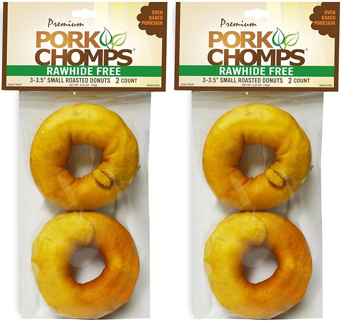 Pork Chomps Roasted Pork Skin Dog Chews, 3 Inch Donuts, Real Chicken, 2 Count, Pack of 2 - Long-Lasting Treats for Dogs - High Protein, Rawhide-Free, Low Fat, Healthy & Delicious Chews