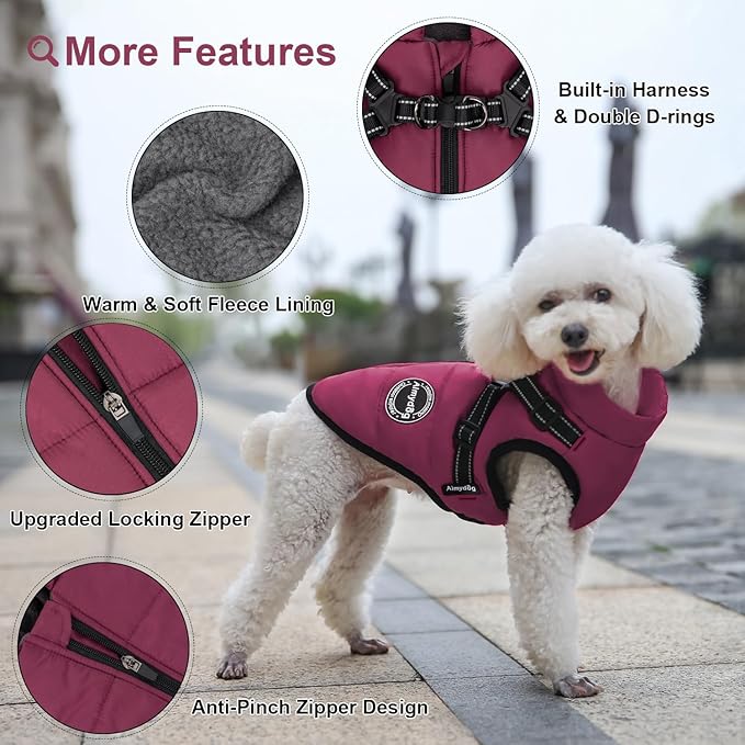 Dog Winter Coat, Warm Dog Jacket Reflective Adjustable Fleece Vest with Harness Built in, Windproof Pet Snow Jacket Snowsuit with Zipper for Small Medium Dogs, Purple XS