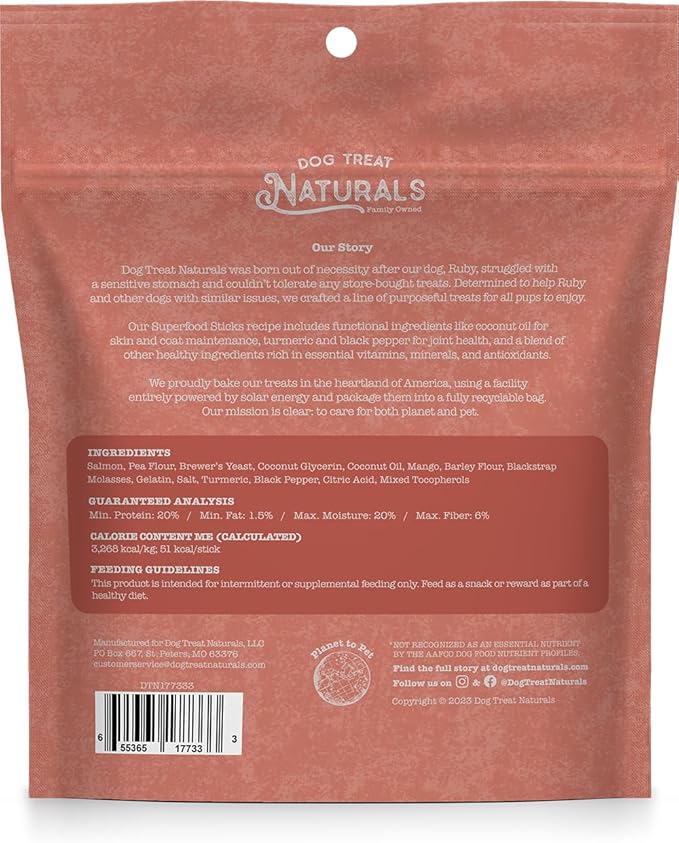 Dog Treat Naturals Superfood Sticks, Salmon & Mango, 6oz Bag | Dog Chew Sticks | All-Natural, Pet Training Treats | Joint-Skin-Coat Health | USA Made