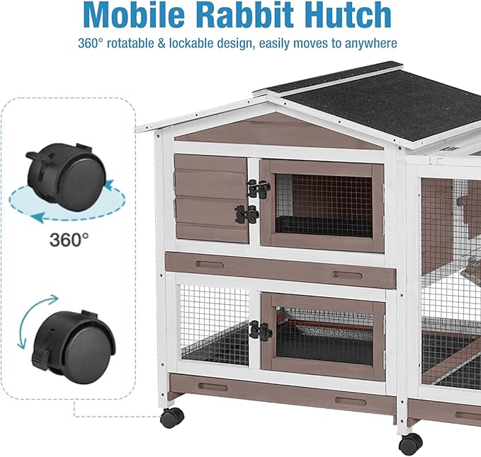 Rabbit Hutch Indoor, 62’’ Bunny Hutch Outdoor, Mobile Rabbit House with Wheels, Wooden Bunny Cage with Leakproof Tray, Chew-Proof Ramp for Guinea Pig(Brown)
