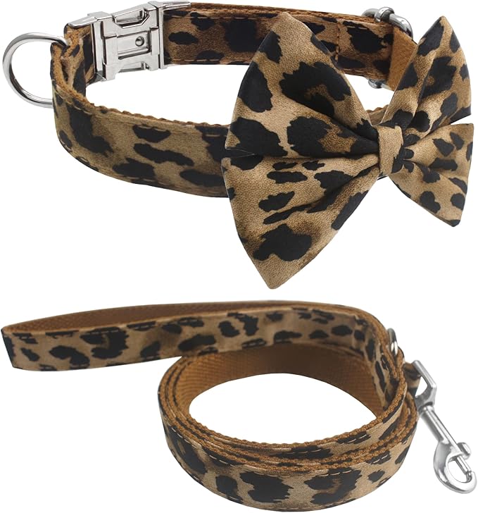 YOY Soft Comfortable Adjustable Leopard Print Pet Collar with Bowtie, Heavy Duty Dog Collar and Leash Set for Small Medium Large Dogs Cats, Puppy Grooming Doggy Accessories, Length 14" - 20"