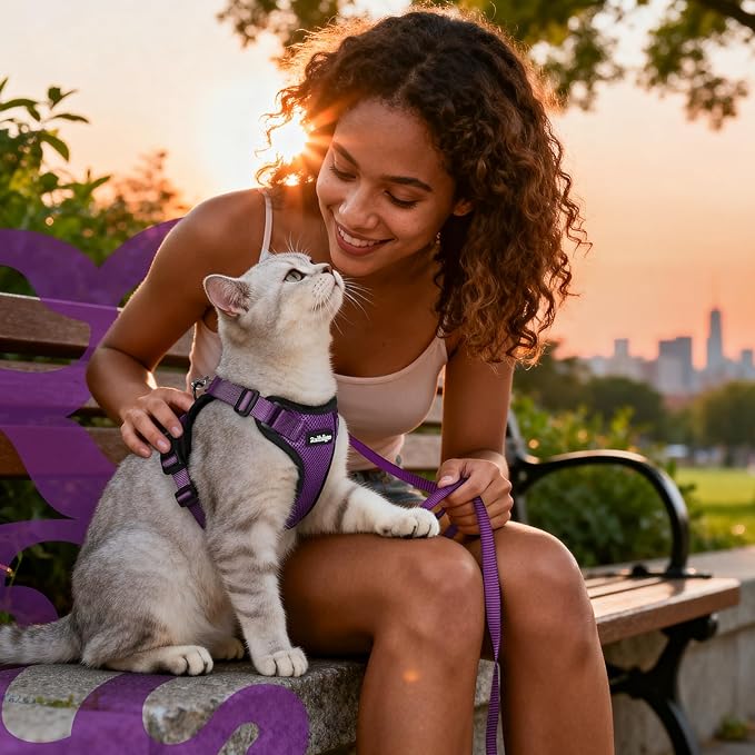 rabbitgoo Cat Harness and Leash for Walking, Escape Proof Soft Adjustable Vest Harnesses for Cats, Easy Control Breathable Reflective Strips Jacket, Purple, M